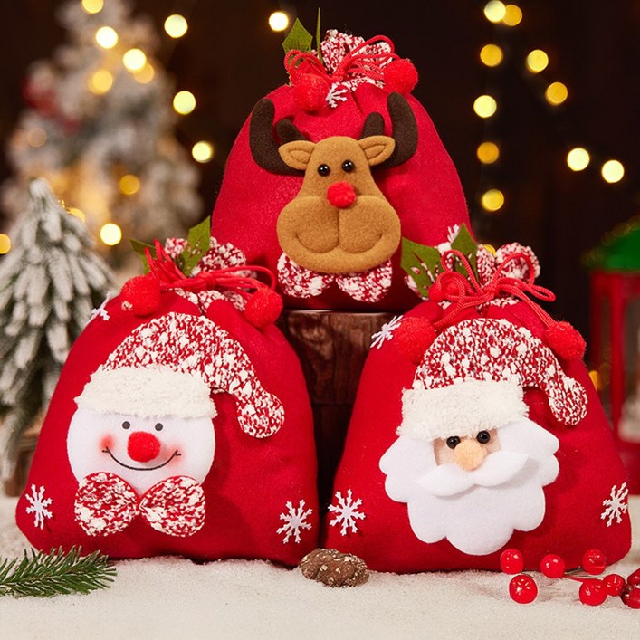 크리스마스 소품 장식 복주머니 선물주머니 산타주머니 보따리 양말 파티용품 선물백, 3개, 패턴눈사람