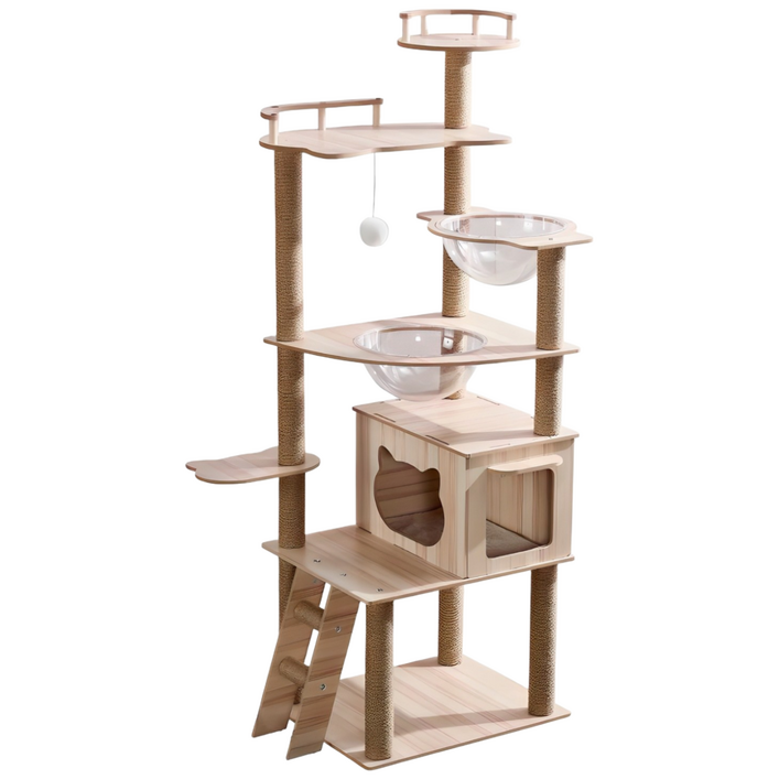 Pawprint 캣타워 고양이 스크래쳐, 안정적인 원목 구조로 튼튼하고 견고함, 다층 구조로 다양한 놀이와 휴식 공간 제공, 대형 및 소형 고양이 모두 사용 가능, 실내 인테리어에