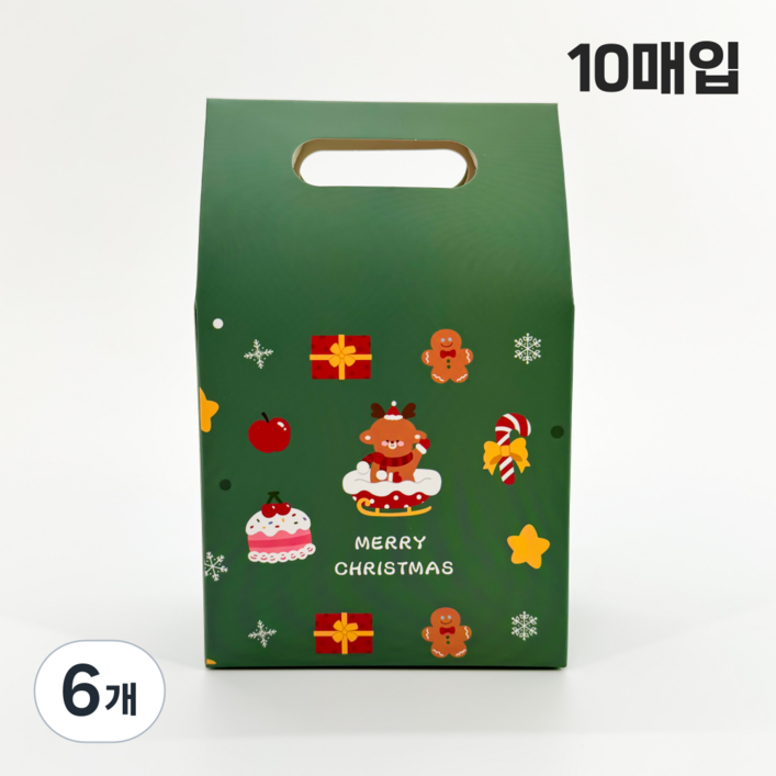정담 타공 손잡이 크리스마스 일러스트 선물 포장 상자, 6개, 2. 그린