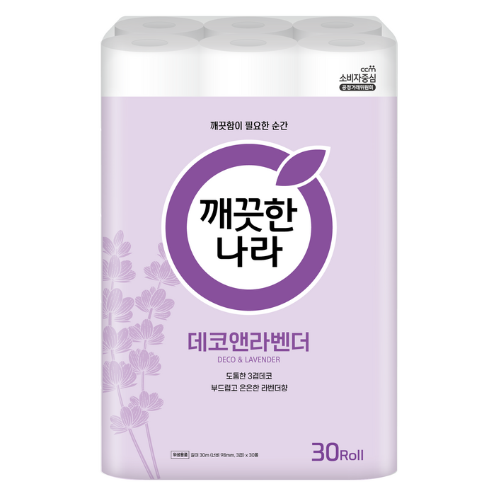 깨끗한나라 3겹 데코앤라벤더 롤화장지, 30m, 30롤, 1개