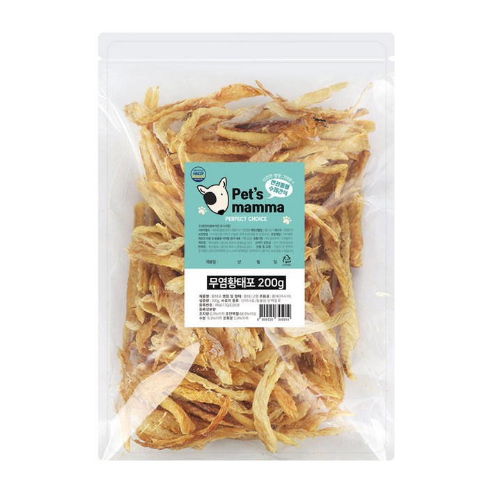 펫츠맘마 반려동물 국내산 수제간식, 무염황태포, 200g, 1개
