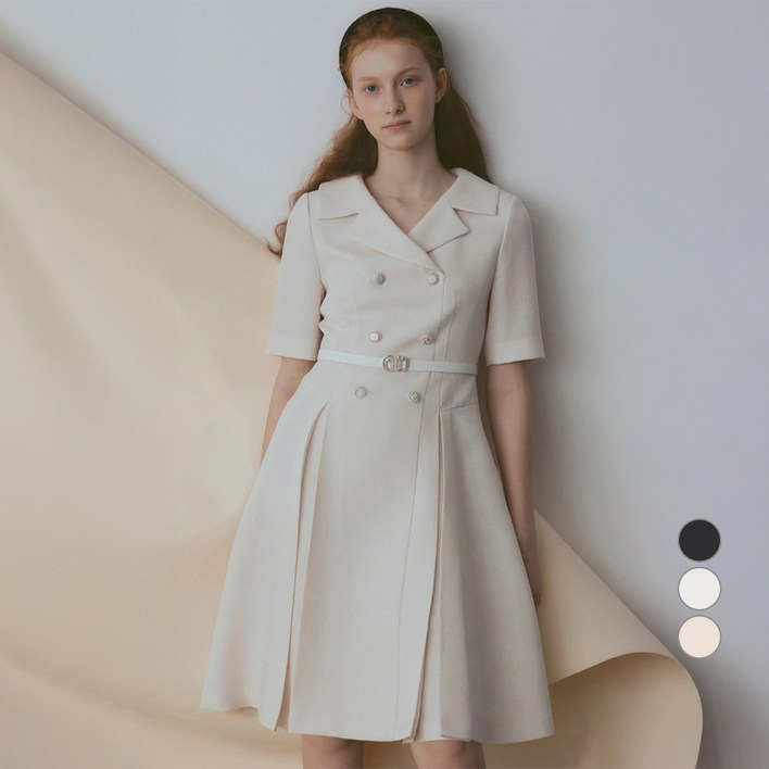 케네스레이디 여성용 오픈카라 더블버튼 솔리드 원피스