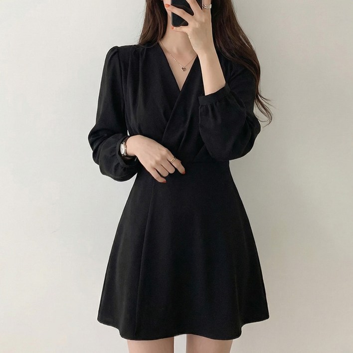 페이릿 여성용 브이넥 앞셔링 허리밴딩 미니 하객룩 원피스