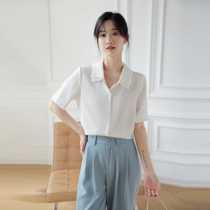 ANYOU 여성 베이직 블라우스 반팔셔츠 링클 프리 셔츠 여자면접복장