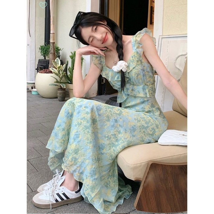 YioYcc 여성 허브 잔꽃 플라워 나염 휴양지룩 바캉스 비치웨어 휴양지원피스 롱 원피스