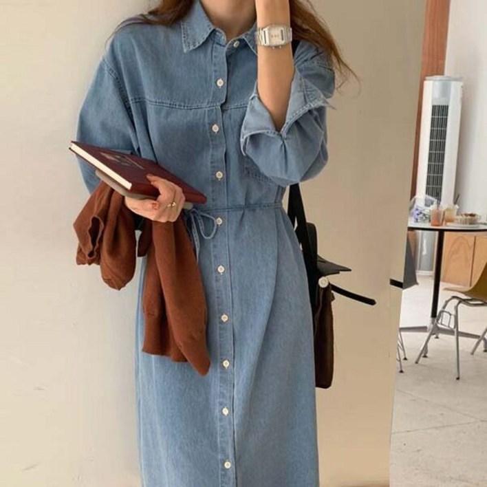 루어스룸 코난 데님 카라넥 허리끈 셔츠 롱 원피스