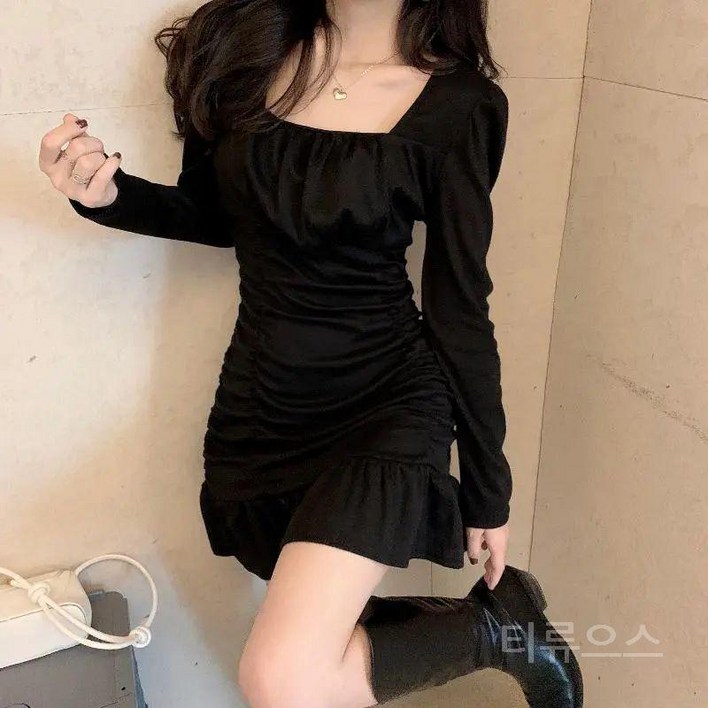 티류으스 여성 가을겨울 빈티지네크라인 핑크원피스 쉬폰셔링 미니드레스 ZA