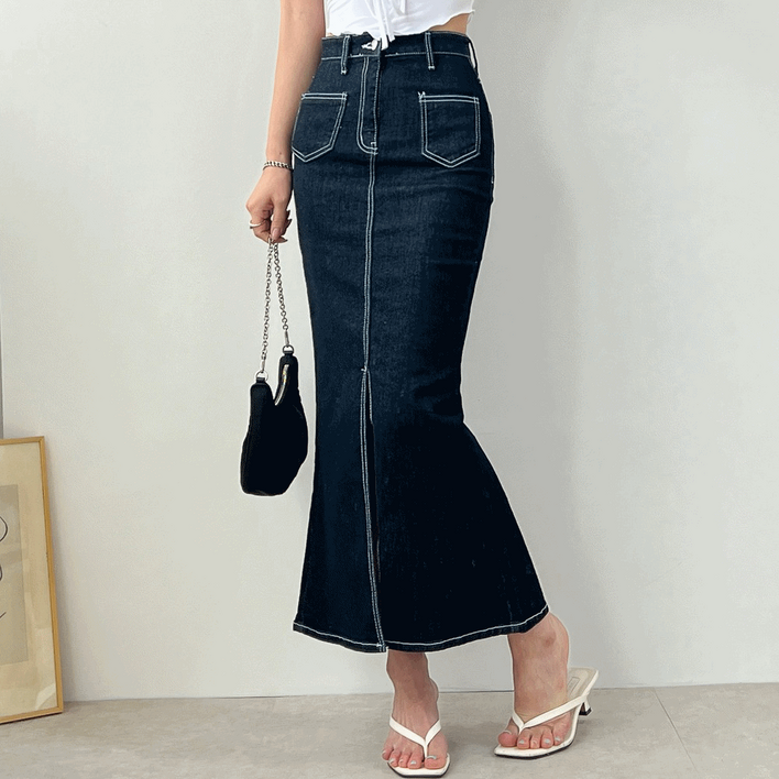 스티치 생지 앞 트임 슬림핏 머메이드 롱 데님 스커트 3size