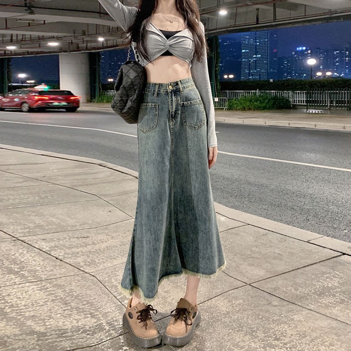 AOKADA 데님 머메이드 롱 스커트 청치마 찢청
