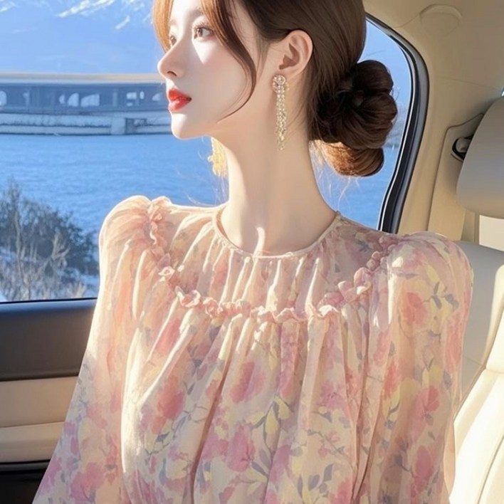 해피유통 여성 심플 유니크 데일리 배기 핑크 플라워 블라우스 gdwx