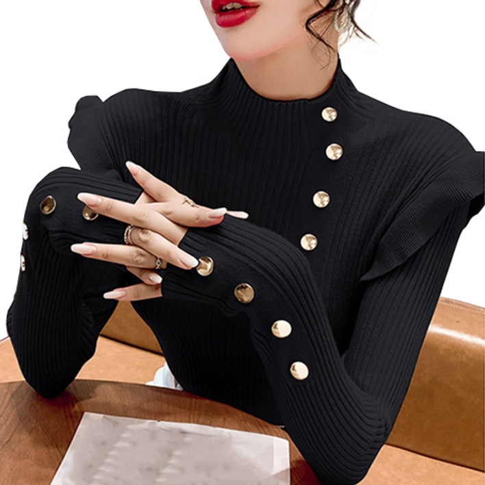 [바니드] 여성 반목 니트 스웨터 프릴 금장장식 슬림핏 포인트룩 쫄티 데일리룩 0050 30대여자옷