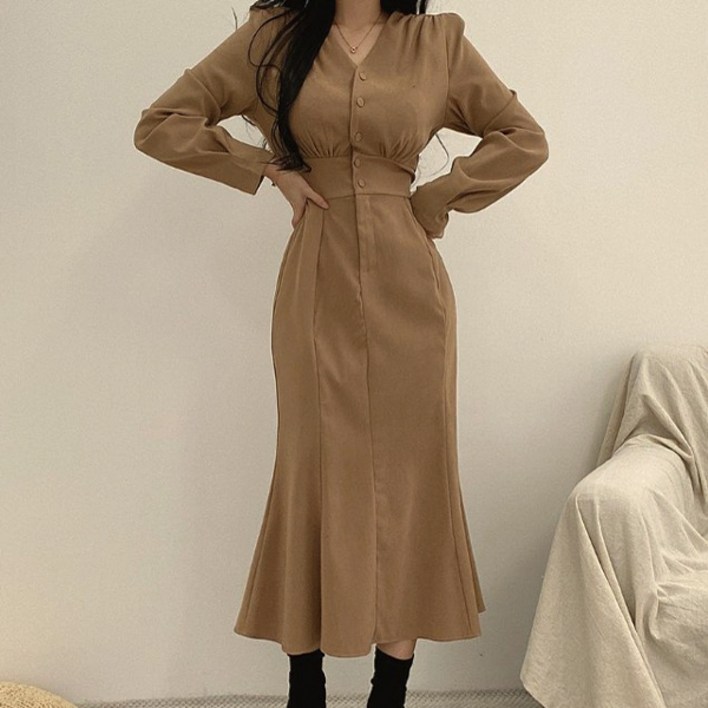 랜덤플레이 머메이드 콩 단추 어깨 퍼프 롱 원피스 브라운 상세설명에서몇갠지꼭꼭확인