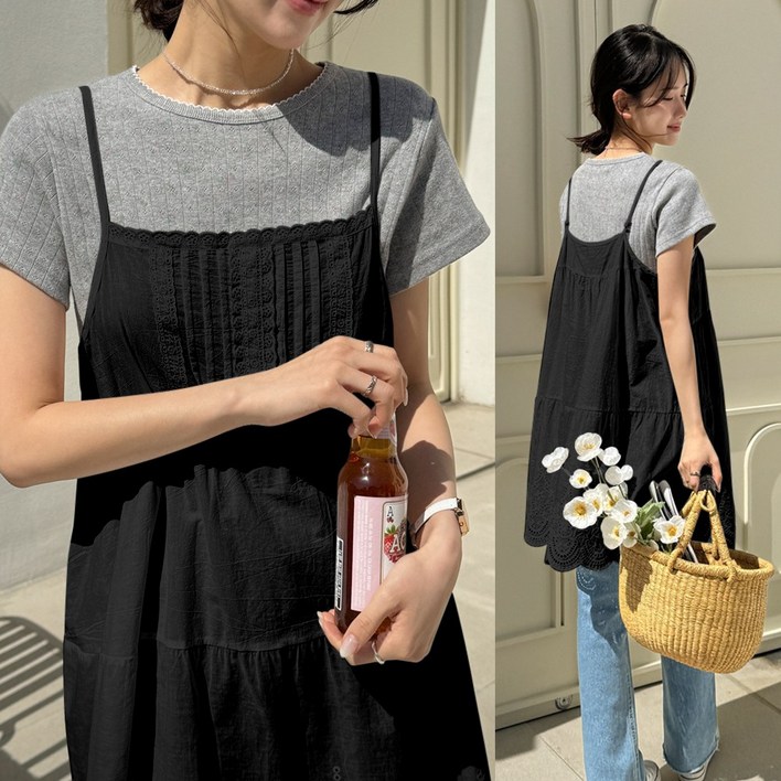 데일리앤 프루티 펀칭 자수 아일렛 프릴 레이스 롱 나시 레이어드 캉캉 끈 뷔스티에 미니 원피스 임산부