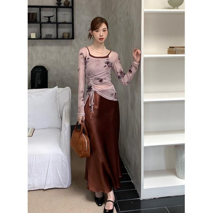 여성 가을 나염 프린트 상의나시스커트 3종 세트 A04Z3L BE1