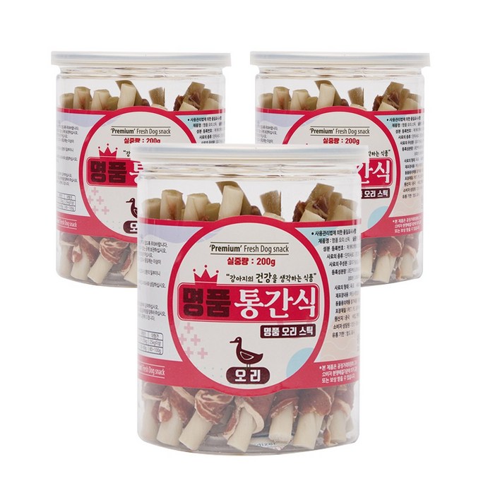 [3+2 유통기한 임박 상품] 강아지 명품 통간식 오리 소고기 연어 닭고기 스틱 간식 노즈워크용 큐브 부드러운 슬라이스 캔간식, 200g, 3개, 오리(스틱)