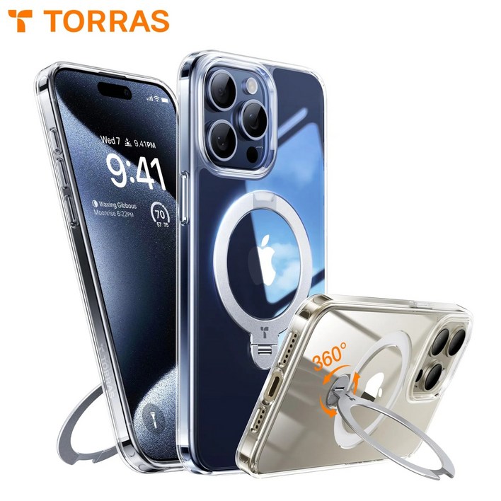 공식 TORRAS 토라스 업그레이드 360도 회전식 스탠드 밀리터리 등급 충격 방호 초강력 맥세이프 호환 반투명 휴대폰 케이스 언제든 이상적 각도 쉽게 찾기