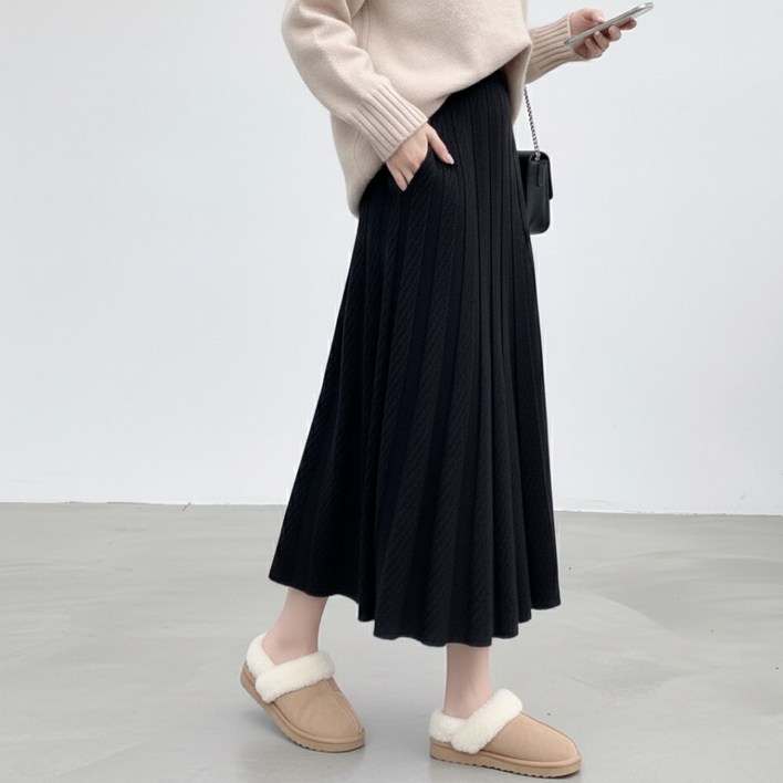 셀리나에스 플레어 니트 주름 롱스커트 A라인 플리츠