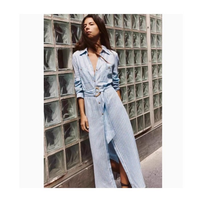 ZARA 여성원피스 데이트룩 링 벨트 린넨 스트라이프 셔츠 드레스