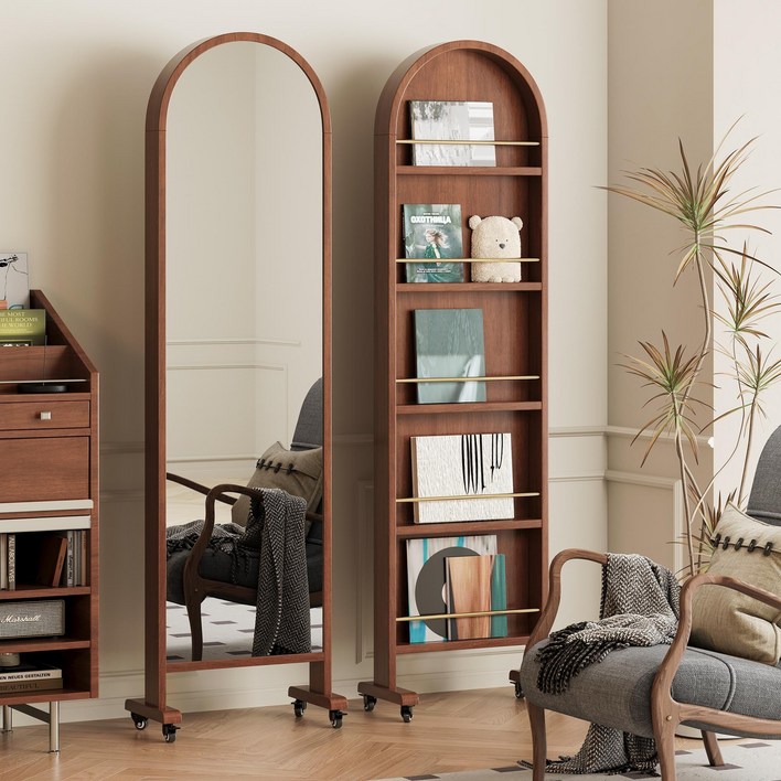 360도 회전 원목 바퀴 전신거울 이동식 책장형 피팅룸 거울