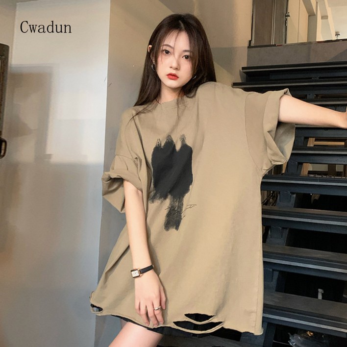 Cwadun 여름 달콤한 시원한 구멍 반팔 티셔츠 여성 YY210