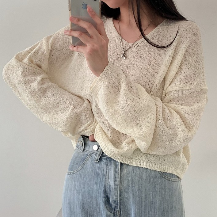 발리걸 데일리 루즈핏 브이넥 긴팔 부클 니트