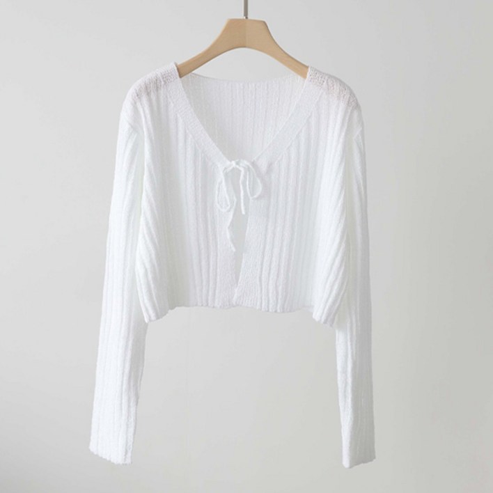 제니트 여성 루즈핏 브이넥 레이어드 리본 골지 니트 가디건 캐르리본골지