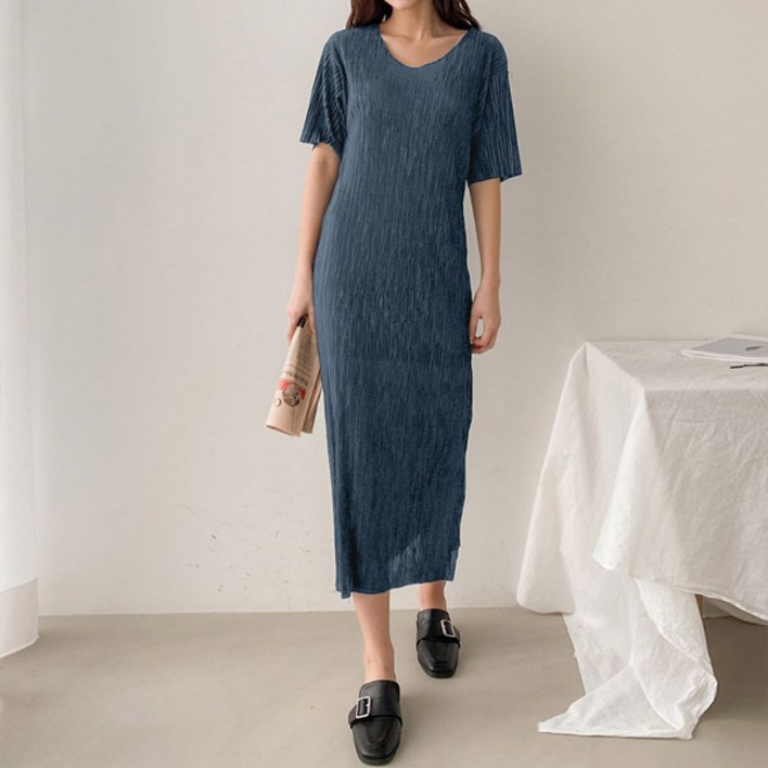 마이쏭 여성 루즈핏 플리츠 편안한 여름원피스 반팔원피스 홈웨어 샤이니브이넥주름롱원피스