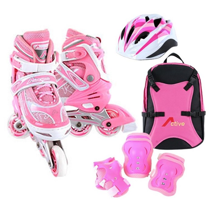 [인라인세트] 사이즈 조절형 아동용 발광바퀴 인라인 스케이트+헬멧+보호대+가방, 스마트 핑크 어린이롤러스케이트