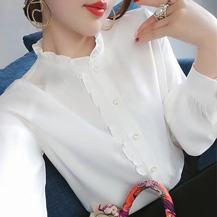 자칠 여성 긴팔 블라우스 루즈핏 긴팔 셔츠 빅사이즈 블라우스 모던한 트리밍 칼라 디자인 블라우스