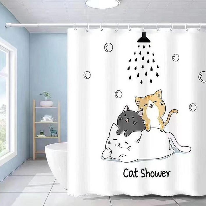 패브릭 욕실 샤워커튼 캣샤워 180cm(커튼고리포함), 화장실 욕조 욕실 방수 커튼 커텐 가림막