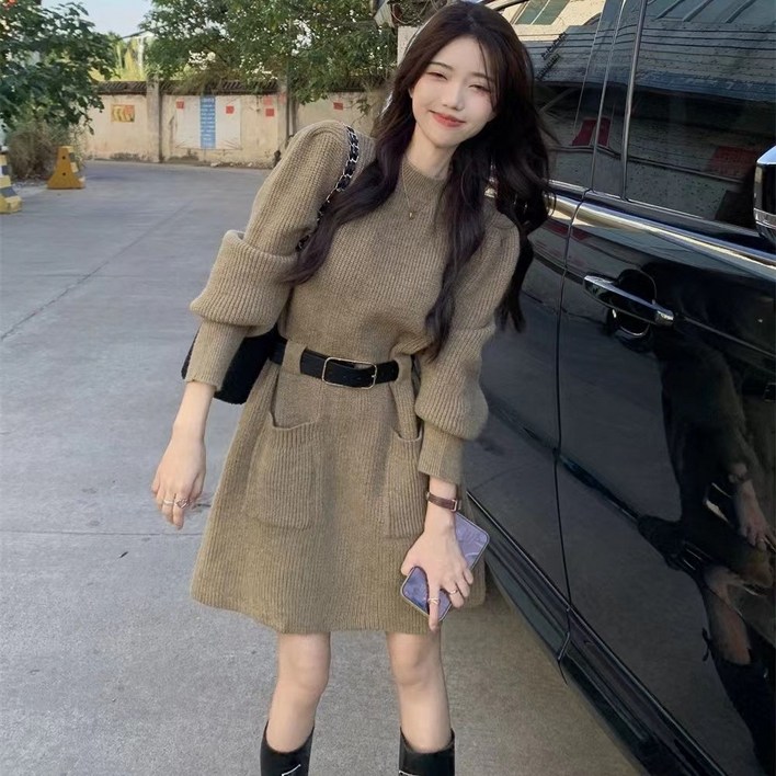 시연 부드러운 코디 슬림핏 라운드넥 니트 원피스 벨트포함