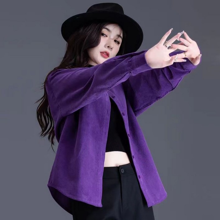 ROYALBELLE 여성 코듀로이 긴팔 셔츠 자켓 패션 루즈핏 카라넥 가디건 아우터 D0030704