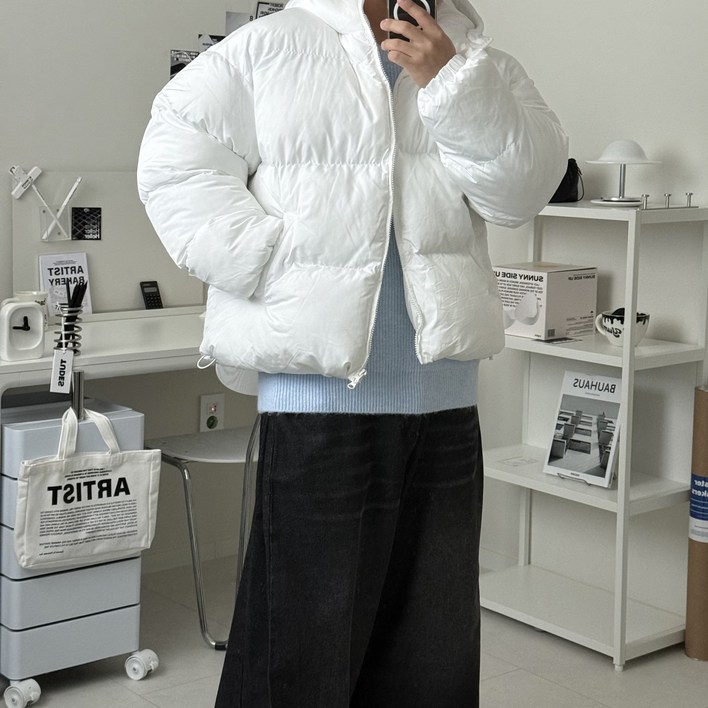 르위 웰론 후드 빵빵한 숏패딩 무광 스트링 투웨이지퍼 오버핏 겨울 아우터