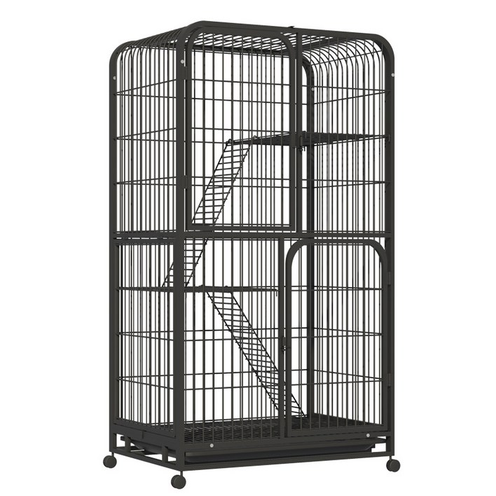리빙가감법 반려동물 고품질 조립식 4단 고양이 케이지 튼튼한 메탈 간편이동 잠금 가능한 바퀴가 있는 탈출 방지 고양이 철장 이동식 고양이 대형 케이지, 1개, 블랙