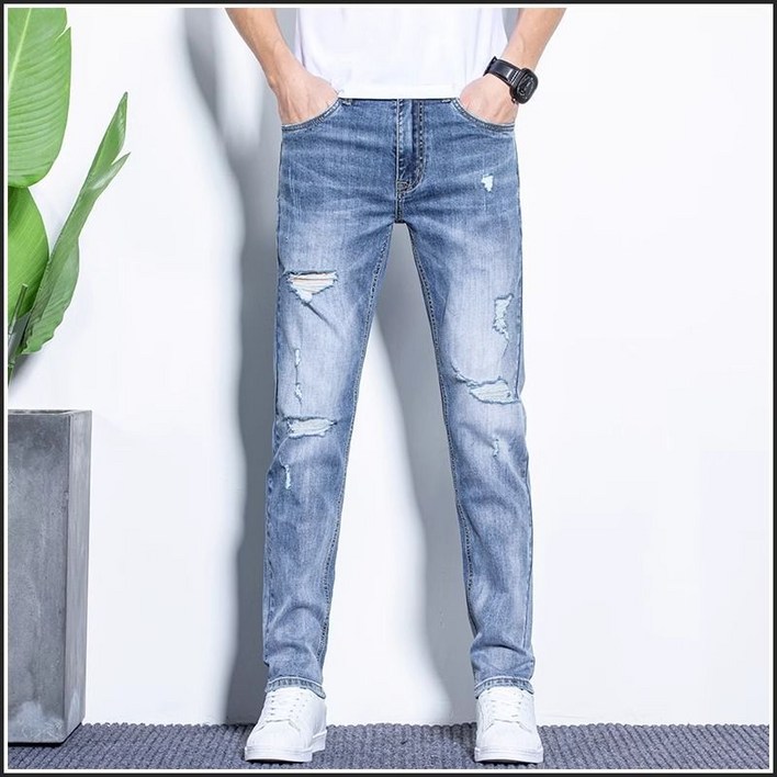 남성 찢청 데님 팬츠 캐주얼 봄 여름 하이웨이스트 스판 청바지 슬림핏 찢어진 데님 팬츠 CY