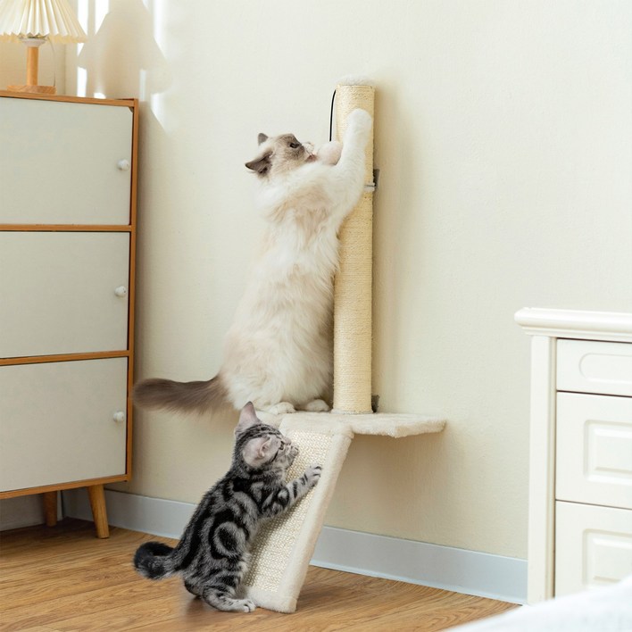 SUNRUI 벽걸이 고양이 스크래처 경사로 퍼치형 타공 나사 고정 안정형 공간절약 천연 사이잘, 1개, 크림 베이지