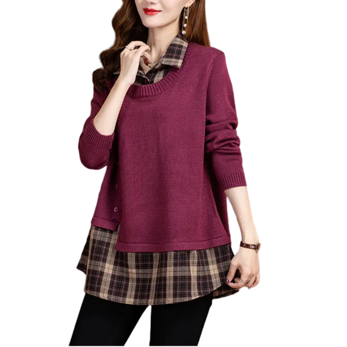 여성용 체크셔츠 일체형 레이어드 니트 티셔츠