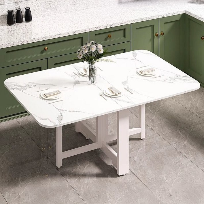 오아루 접이식 확장형 주방 식탁 테이블, 4인용, 마블 화이트화이트 프레임