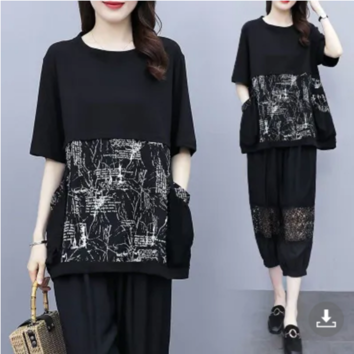 루루뷰티패션 중년여성 빅사이즈 여름 엄마 포켓티셔츠 혀리밴딩 린넨 7부바지 세트룩 KJK3619