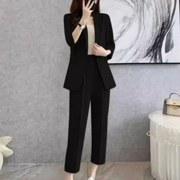 FANSYLI 여름 얇은 정장 세트 고급 캐주얼 통근 세트 여성 7부 소매 정장 자켓밴딩 허리 정장 바지 투피스 오피스룩 빅사이즈 X2507J1