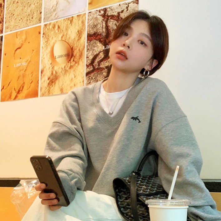 자체제작 돌핀자수 브이넥 맨투맨