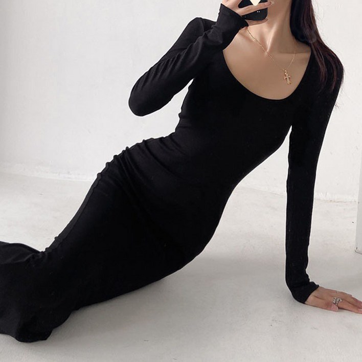 아이엠몽 여성 베이직 머메이드 긴팔 롱 원피스