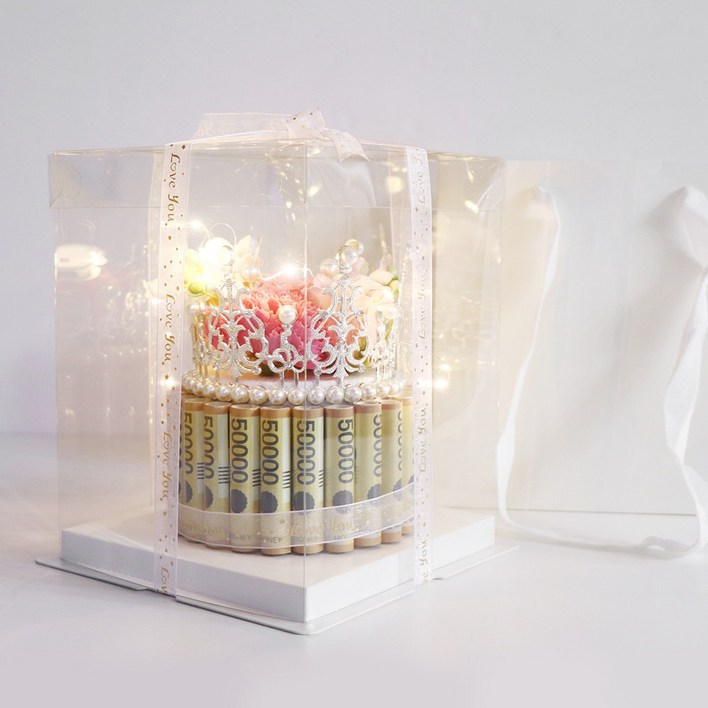 용돈박스 비누꽃 생신 생일 용돈 이벤트 왕관돈케이크  전용쇼핑백  페이크머니  LED전구, 1개, 핑크