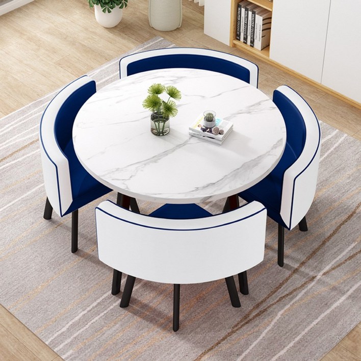 MEETON 감성 인테리어 4인용 티 테이블 세트 원목 의자포함 식탁 원형 카페 둥근모서리, 원형마블화이트체어화이트블루, 4인용