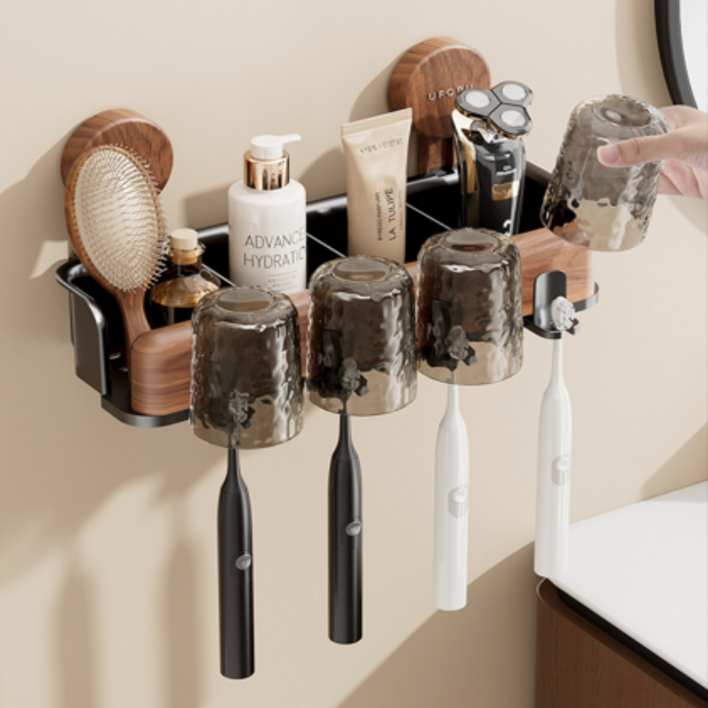 하루엠 칫솔 거치대 무타공 흡착식 2구 4구 물고임 제로 칫솔걸이, 1개, 우드블랙4구