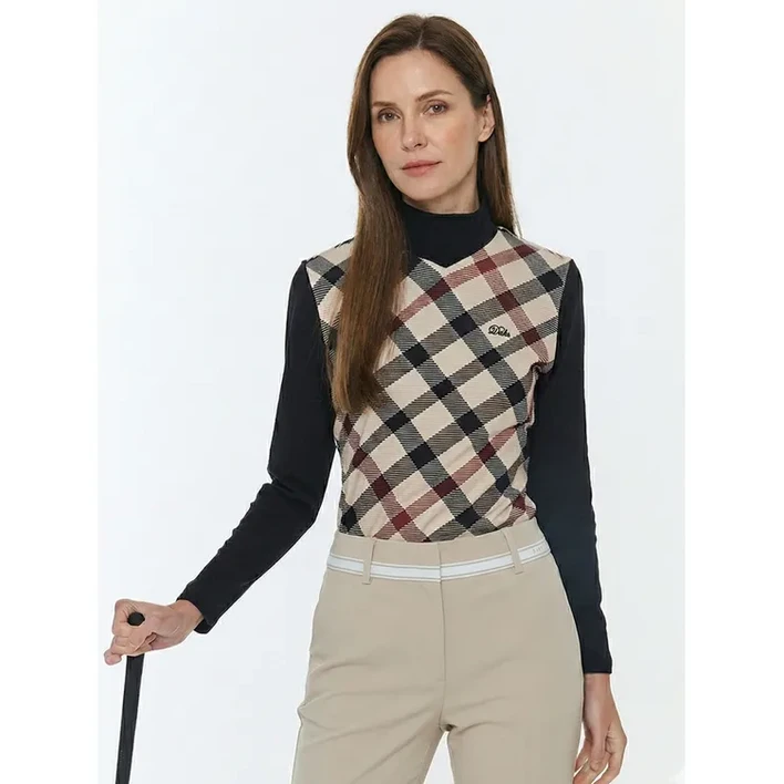 닥스골프 여성 블랙 체크배색 긴팔 티셔츠