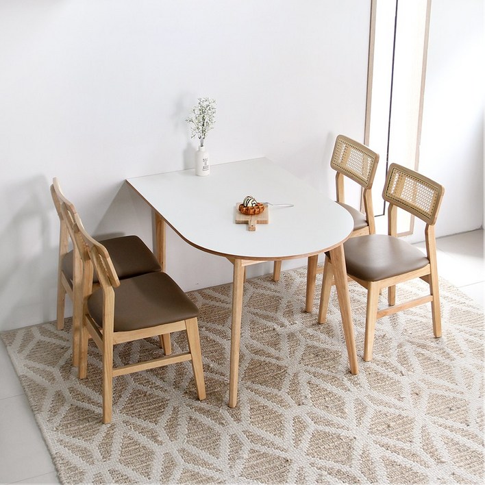 크림우드 1200X800 반원형 핸즈라탄 4인 식탁 세트, 선택목판방석