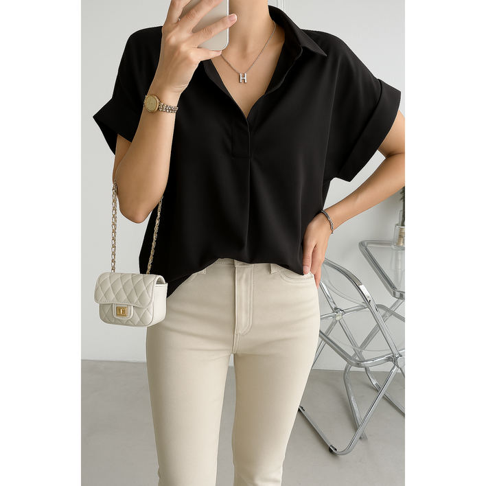 카라한 여성 여름 패션 루즈핏 브이넥 카라 데일리 셔츠 블라우스