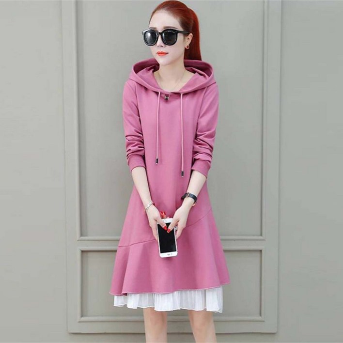 besteffie 후드 원피스 여성용 후드 긴소매 캐주얼 원피스 레이어드 디자인 봄 여름  패션 E28
