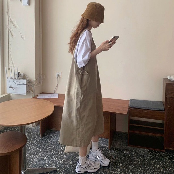 여성 여름 멜빵 롱 스커트 빅사이즈 루즈핏 롱 원피스 캐주얼 여자 멜빵 원피스 lCl